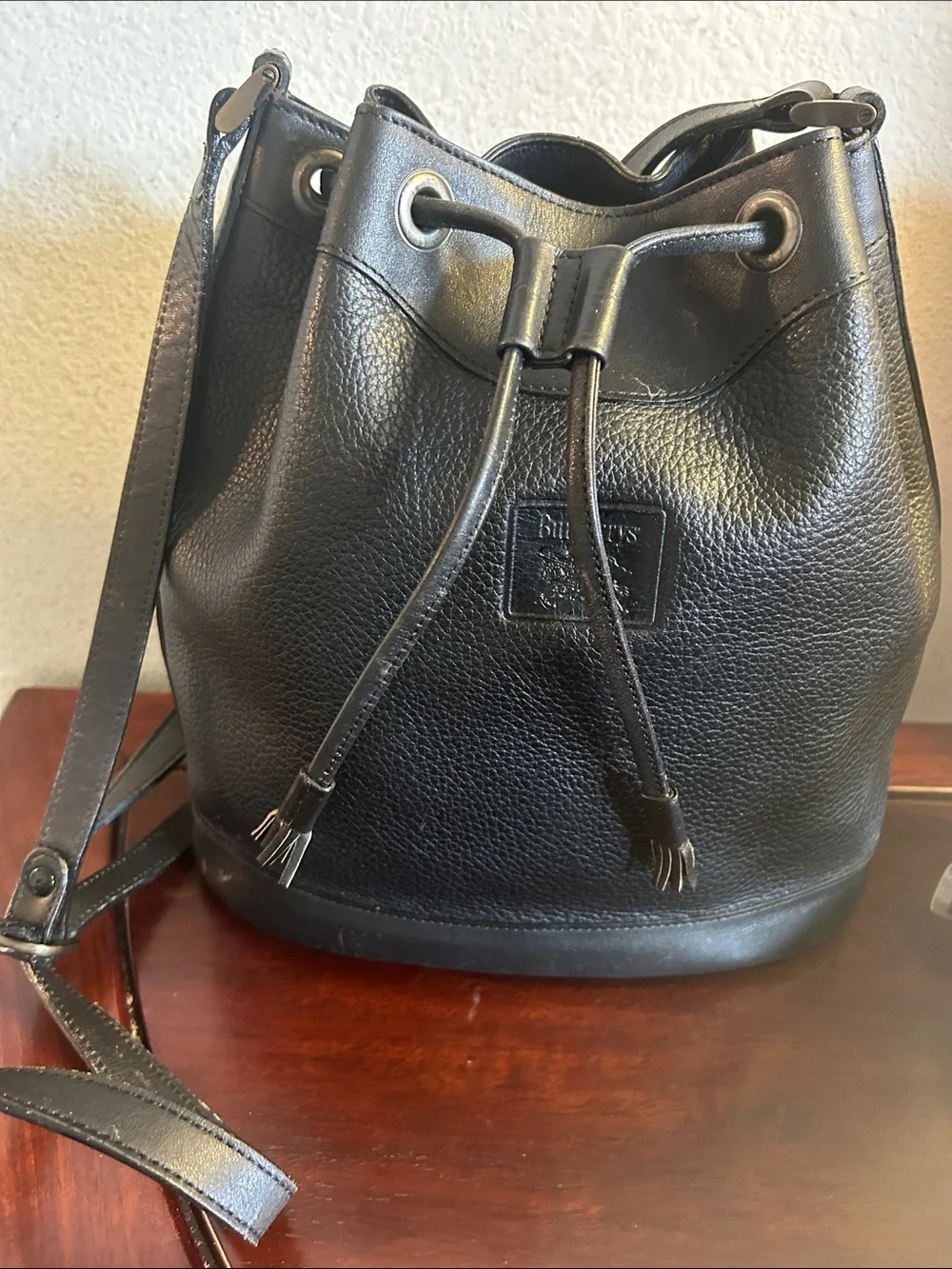 Burberrys Black Pebble Leather Drawstring Bucket Bag